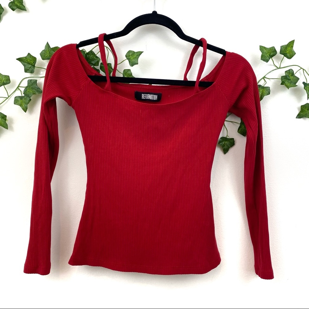 Reformation Red Long Sleeved Cold Shoulder Spaghetti Strap Ribbed Top SZ S